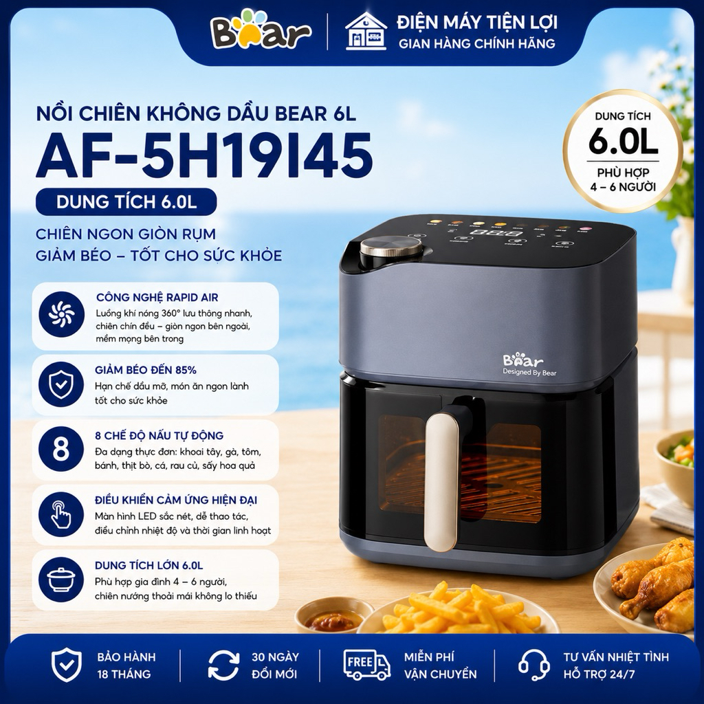 Nồi Chiên Không Dầu Bear 6L AF-5H19I45 Nhiệt Kép Bù Ẩm 2000W Cảm Ứng BH 18 Tháng