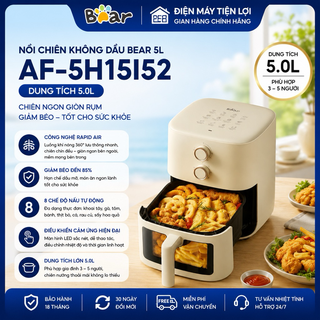 Nồi chiên không dầu Bear 5L AF-5H15I52 - Bảo hành 18 tháng và sử dụng 30 ngày lỗi đổi mới