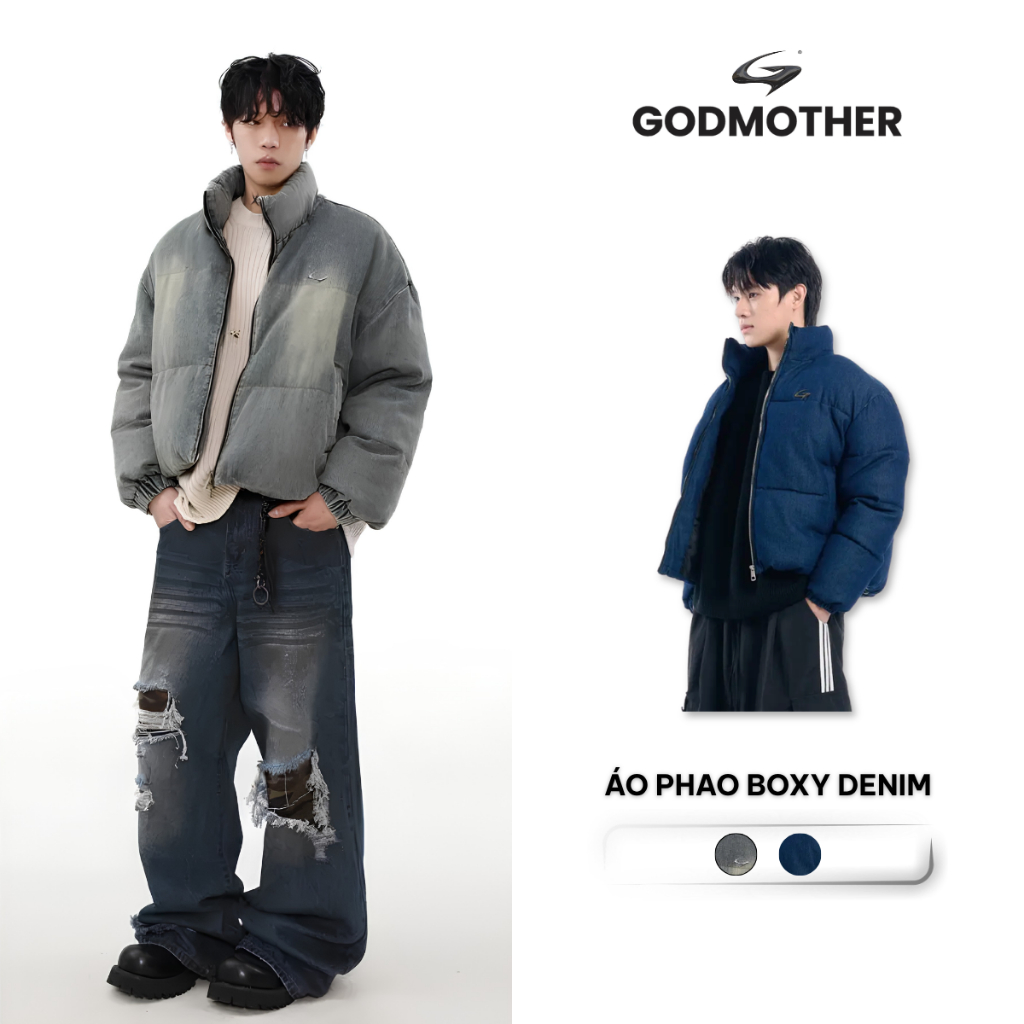 Áo Phao Boxy Denim Unisex Form Lửng GODMOTHER 2025