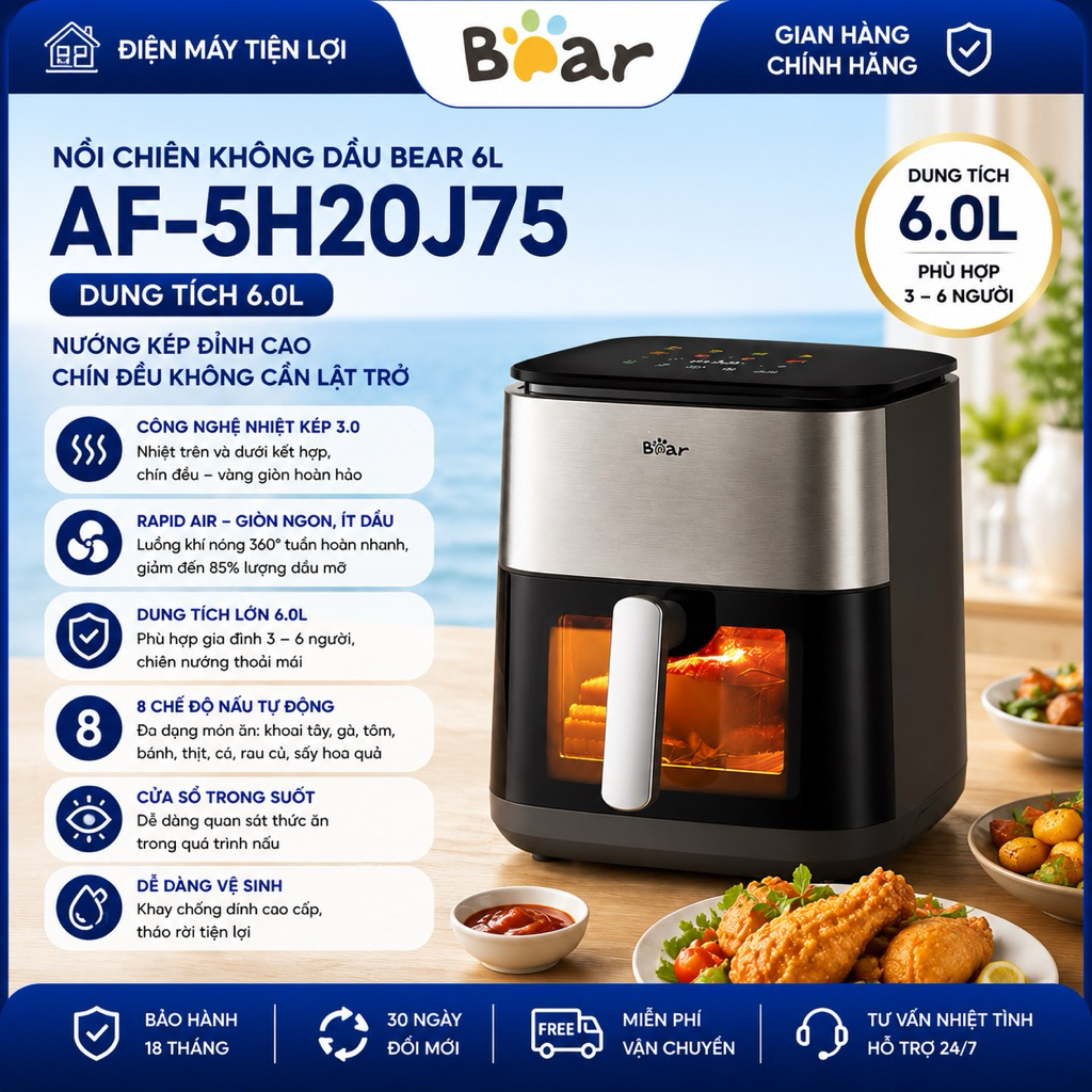 Nồi Chiên Không Dầu Bear 6L AF-5H20J75 - Bảo hành 18 tháng và sử dụng 30 ngày lỗi đổi mới