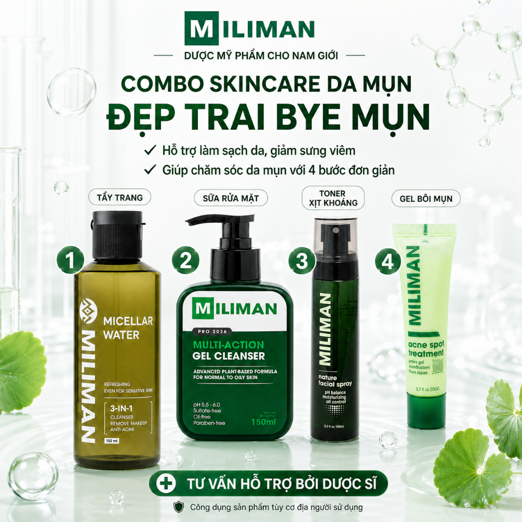 Combo Skincare Da Mụn Cho Nam MILIMAN Gồm Tẩy Trang, Sữa Rửa Mặt Nam, Toner Xịt, Gel Mụn