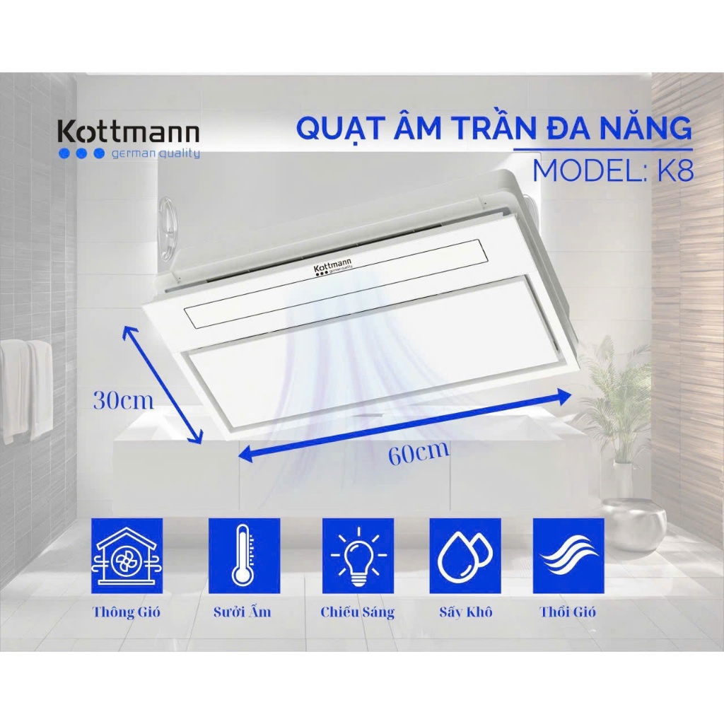 Quạt sưởi âm trần 5 chức năng Sưởi Ấm, Thổi Mát, Chiếu Sáng, Sấy Khô, Thông Gió Kottmann K8
