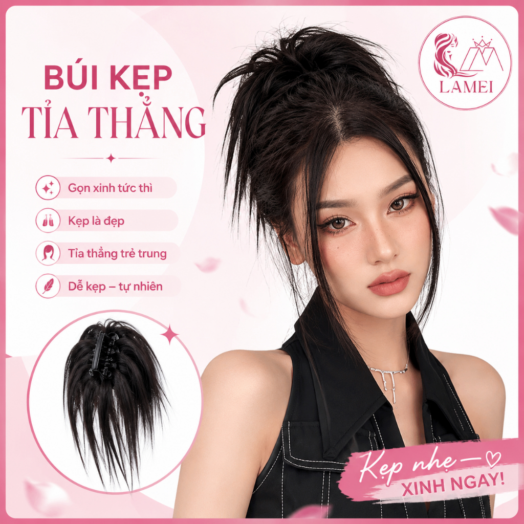 Tóc giả búi ngoạm đuôi ngựa tỉa thẳng dáng ngắn cho nữ