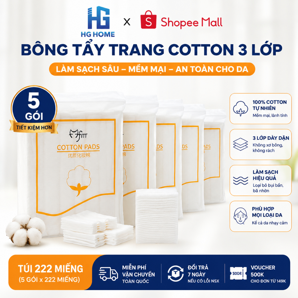 COMBO 5 GÓI Bông Tẩy Trang HGHOME Làm Sạch Mỹ Phẩm 3 Lớp Cotton - Túi 222 Miếng