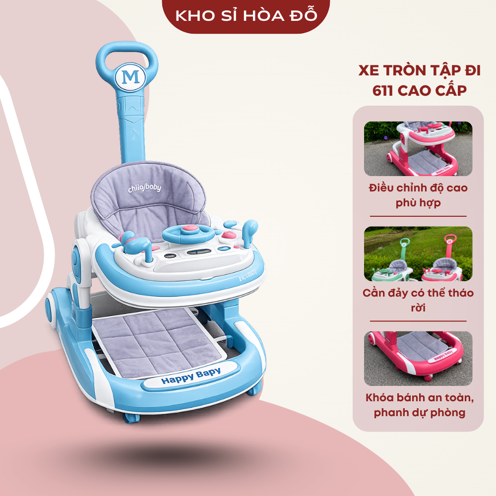 Xe tập đi cao cấp 611 có vô lăng đồ chơi, điều chỉnh chiều cao, tặng kèm lót chân và cán đẩy