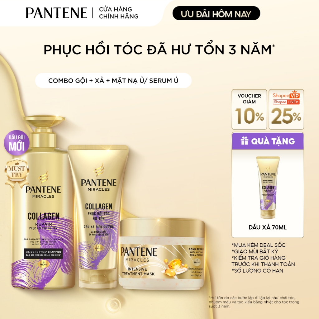 [MỚI] Combo 3: Gội+Xả+Ủ PANTENE MIRACLES:Gội 0%Silicone+Xả Siêu Dưỡng+ Mặt Nạ Ủ/Kem Ủ Tóc Serum Phục