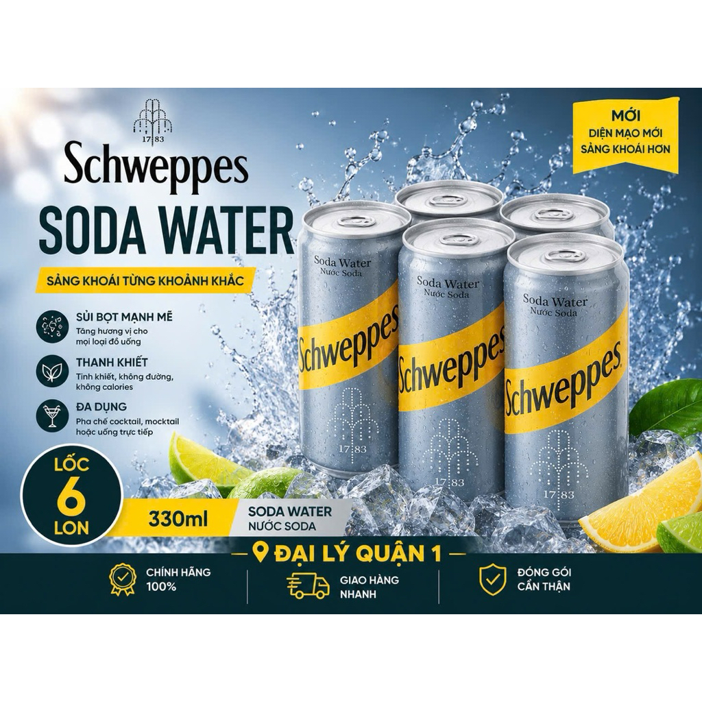 [Sỉ Lốc)Nước Soda Schweppes Water Lon 320ml Soda Không Đường, Ga Mạnh, Chuẩn Pha Chế Cocktai (6 Lon)