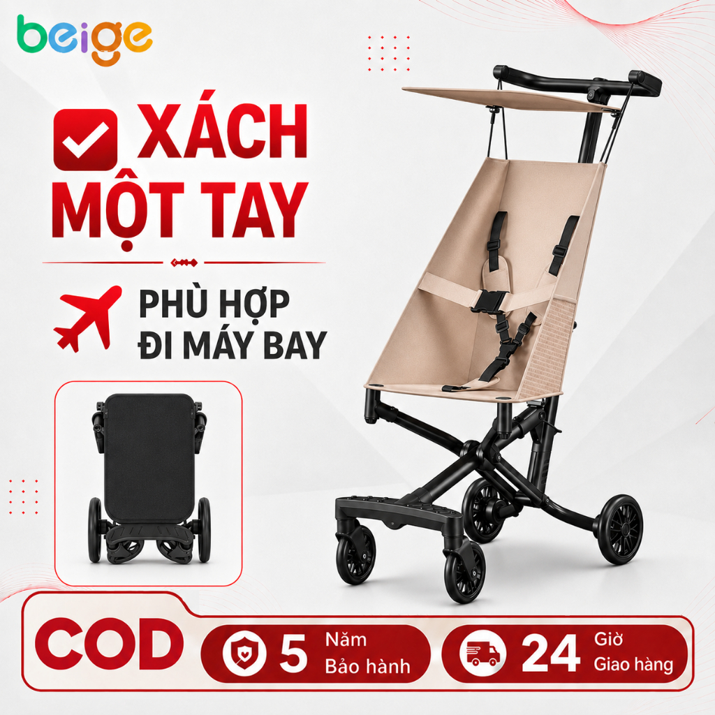 Xe đẩy gấp gọn cho bé Beige, siêu nhẹ 2,9 kg, đi kèm dây bảo hiểm,xe đẩy ngồi cho bé