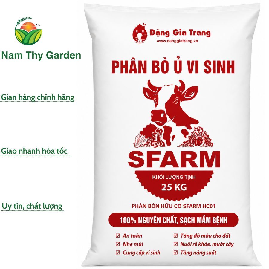 Phân bò Sfarm bao 25kg, phân bò ủ vi sinh Sfarm, phân bón hữu cơ Sfarm bao 25kg