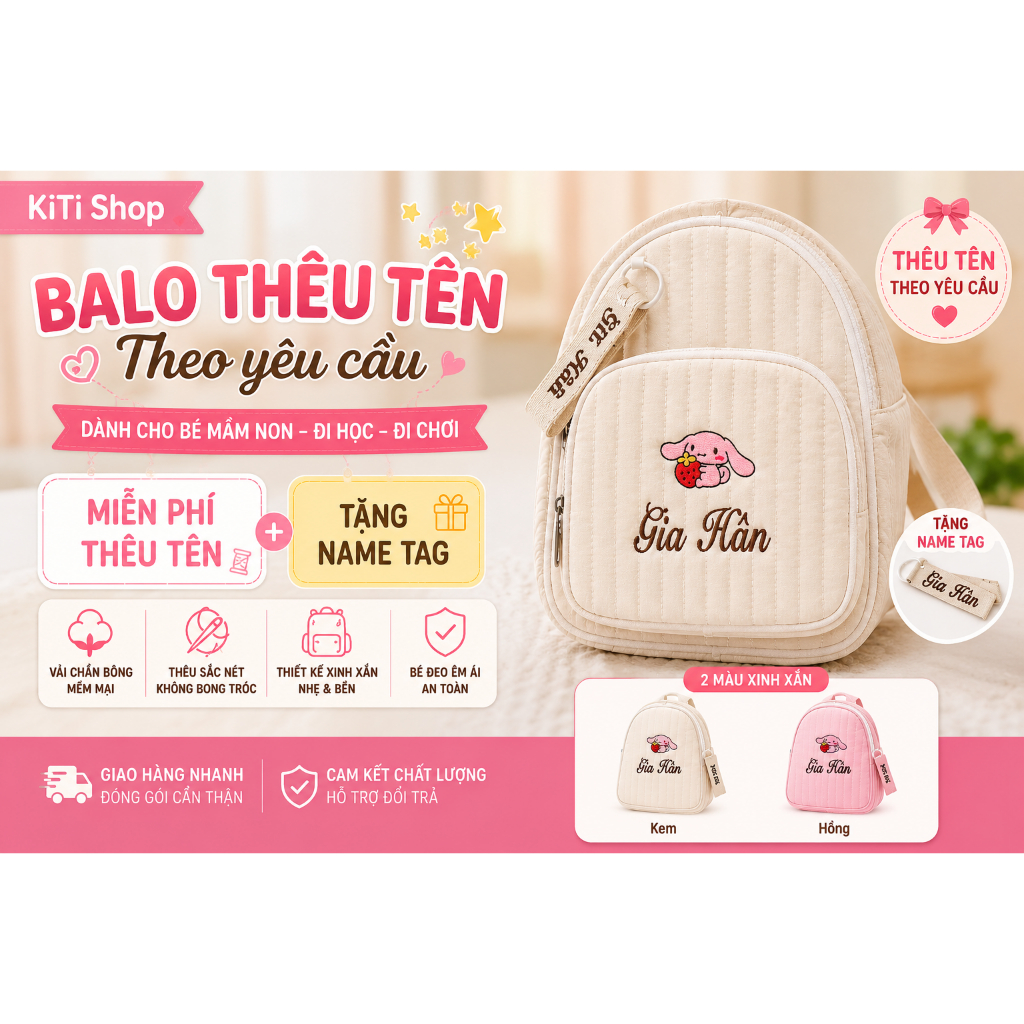 [MIỄN PHÍ THÊU TÊN][TẶNG NAME TAG] Balo Mầm Non Đi Học Mẫu Giáo Cho Bé Vải Chần Bông Thêu Tên Theo Y