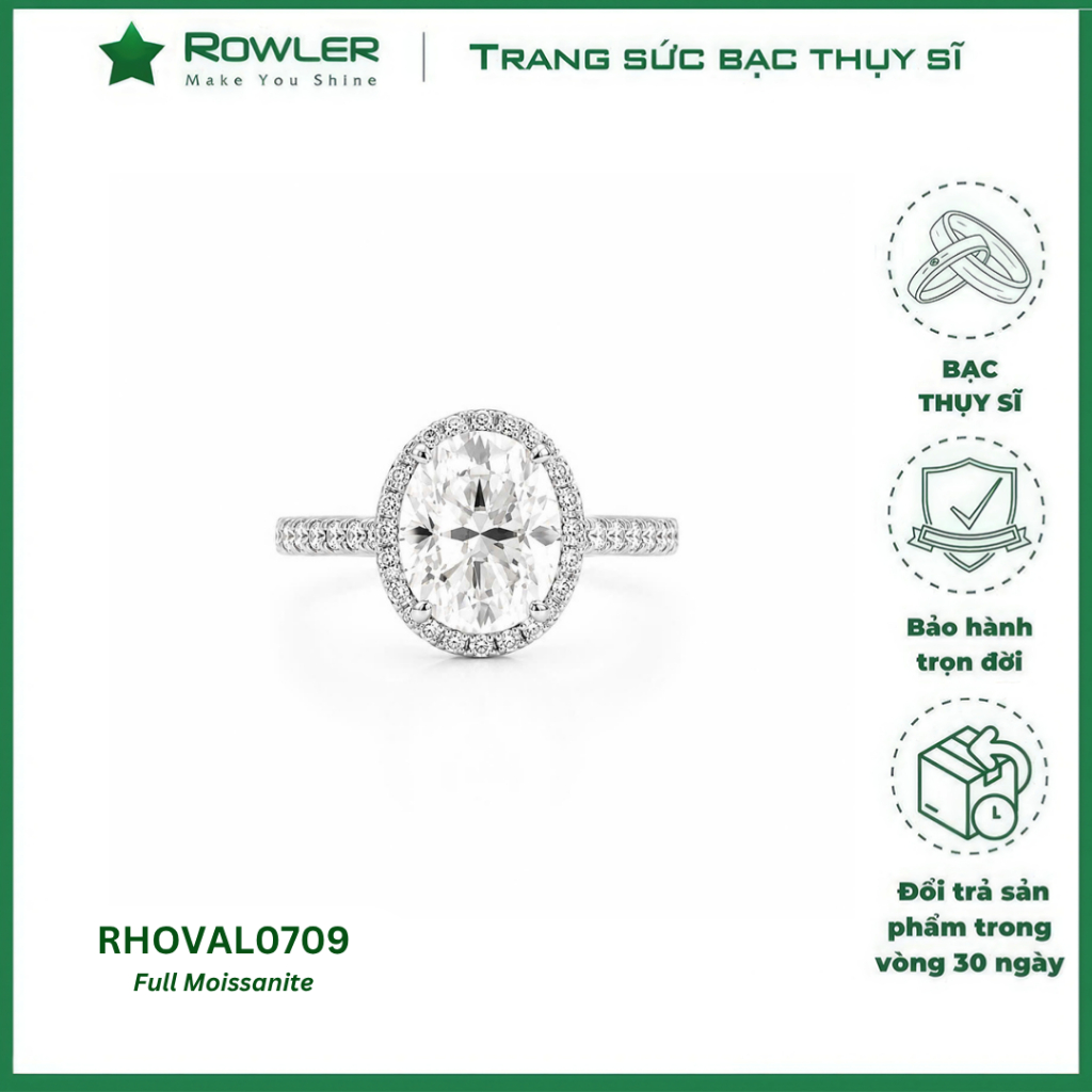 Nhẫn Halo Oval bạc Thụy Sỹ 925 cao cấp đính full đá Moissanite viên chủ oval 7*9ly sang trọng lấp lá