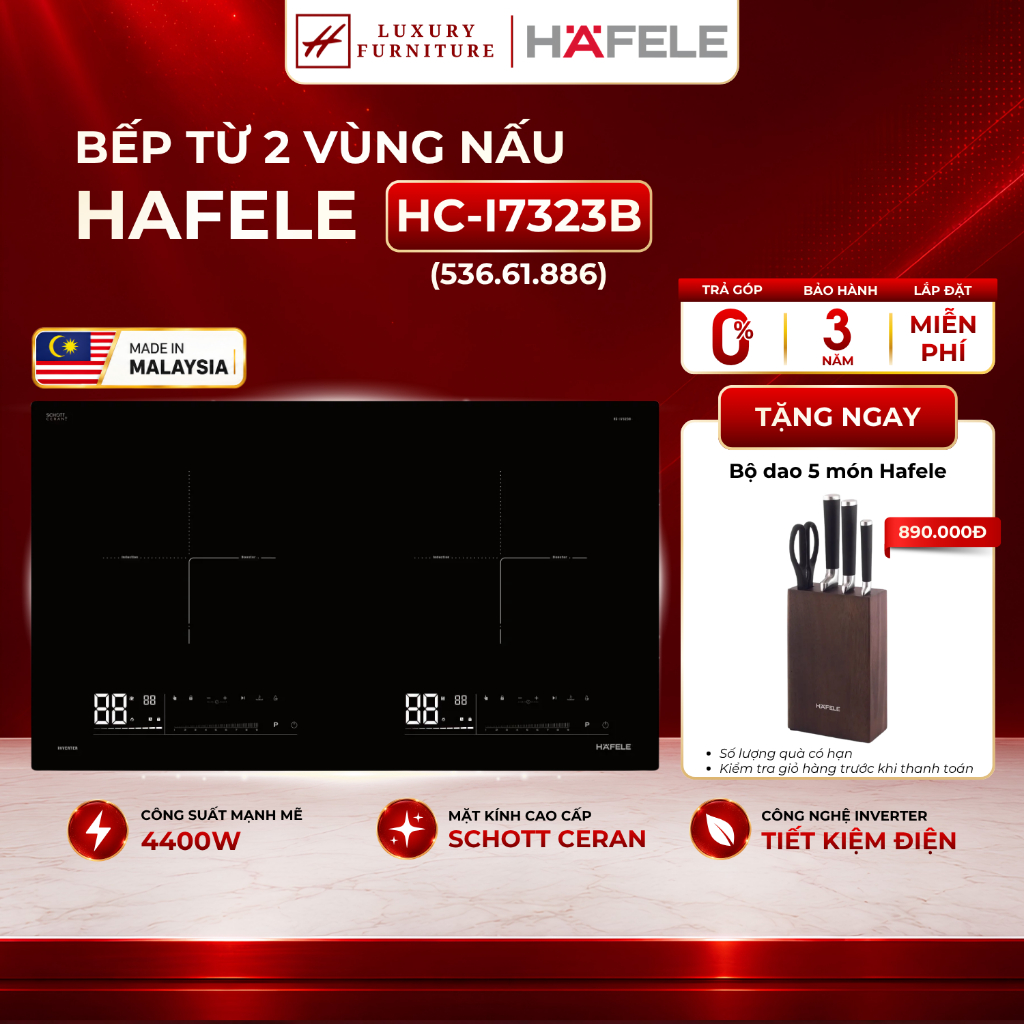 [Miễn phí lắp đặt] Bếp từ 2 vùng nấu Hafele HC-I7323B (536.61.886)| BH chính hãng 36 tháng