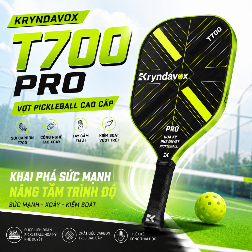 Vợt Pickleball T700 Pro max full carbon cao cấp, trợ lực mạnh, đánh cực êm, kiểm soát tốt
