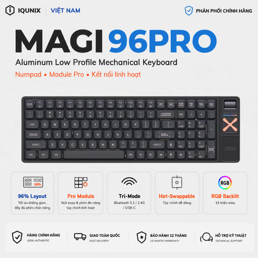 Bàn Phím Cơ IQUNIX Magi96 Pro Low Profile 96% | Vỏ Nhôm CNC | Có Numpad | Núm Xoay Medi