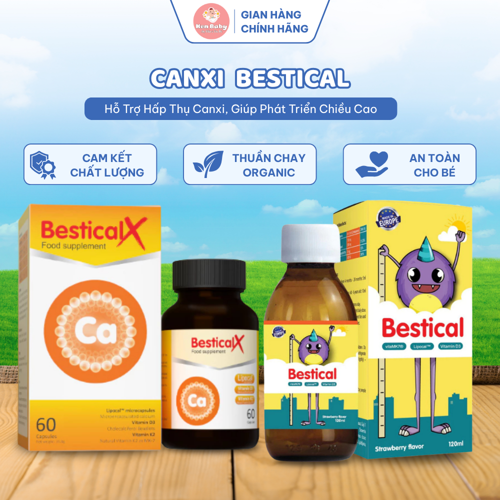 Canxi Bestical 120ml Dạng Nước Và Bestical 60 Viên Nhai Vitamin D3 K2 Hỗ Trợ Hấp Thu Canxi Cho Trẻ