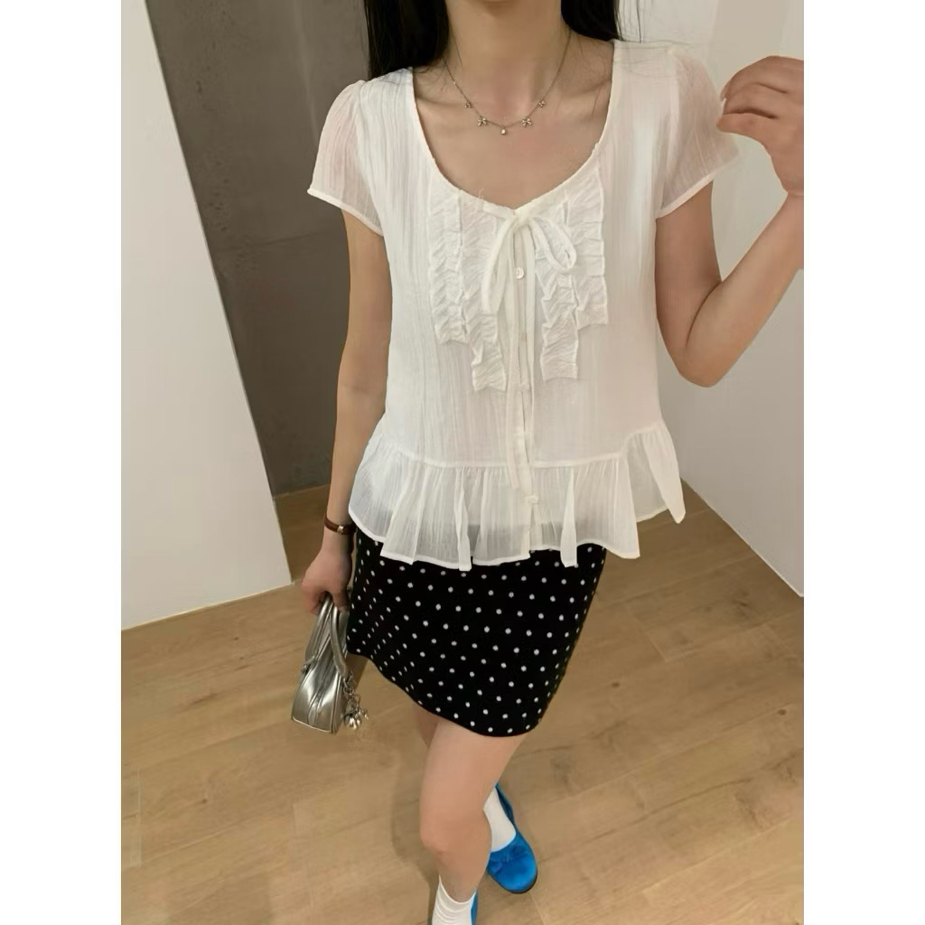 Áo voan tơ cổ tròn phối bèo buộc dây nơ vạt áo bèo 2 lớp by Cimie Closet