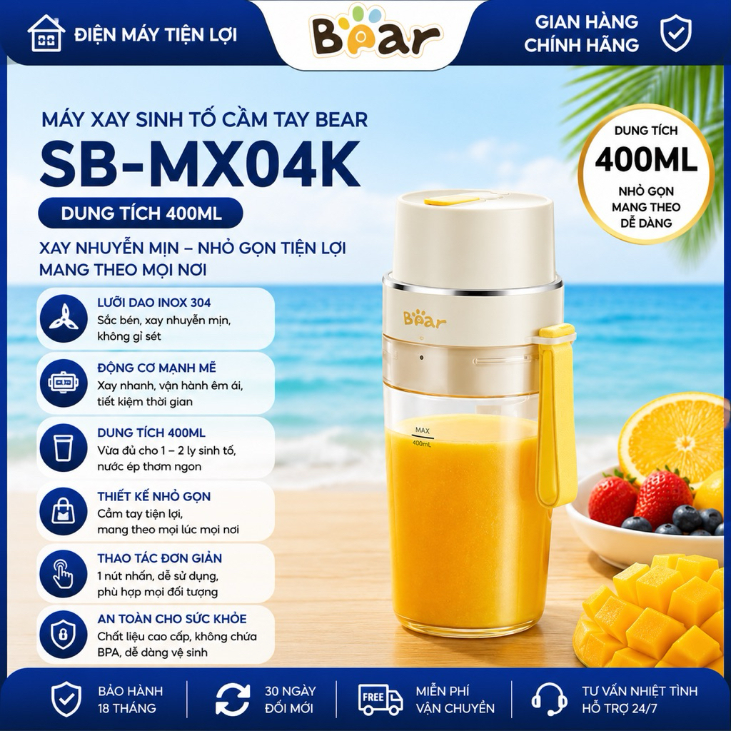 Máy Xay Sinh Tố Cầm Tay Bear SB-MX04K Sạc Pin Không Dây 400ml 12 Lưỡi Dao BH 18 Tháng