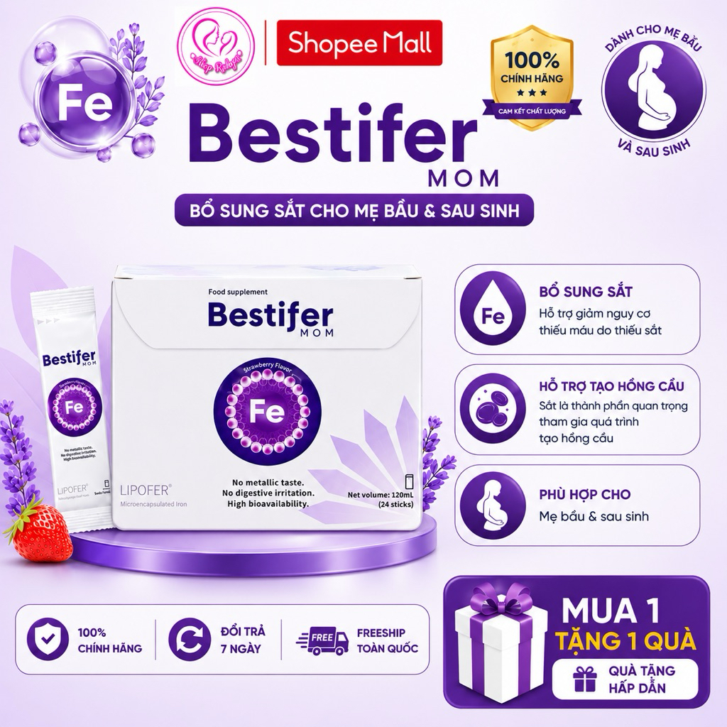 Sắt bầu Bestifer Mom - Bổ sung sắt hỗ trợ tạo máu, giảm thiểu máu cho mẹ bầu, dễ uống, không nóng tá