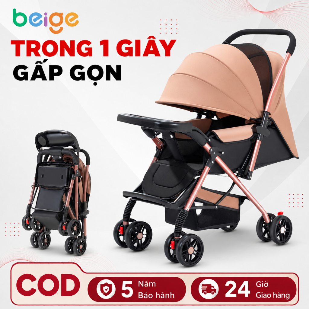 Xe đẩy gấp gọn cho bé Beige,Có thể ngồi hoặc nằm Thích hợp cho trẻ sơ sinh,Bao gồm nhiều quà tặng