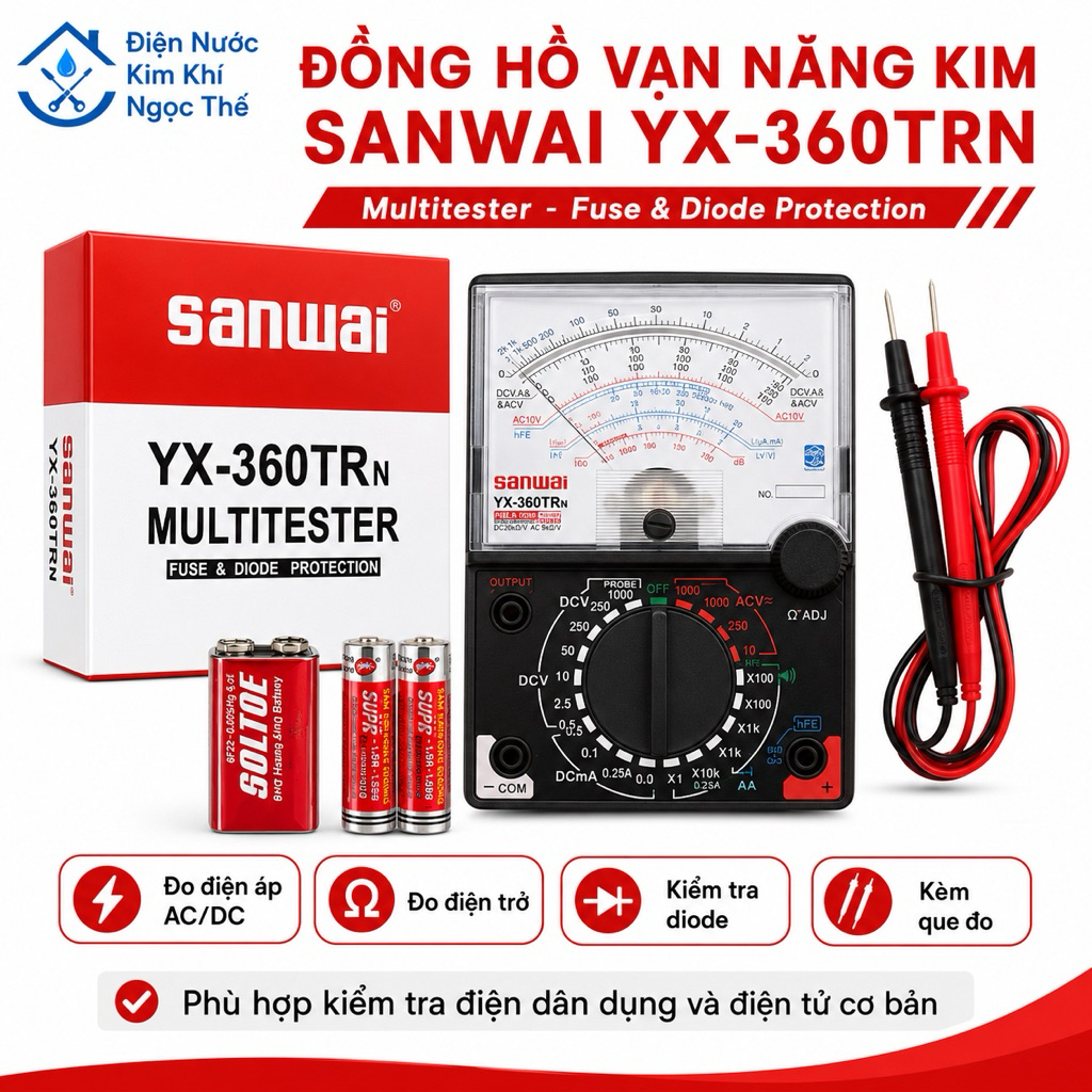 Đồng hồ vạn năng kim Sanwai YX-360TRN – Đo điện áp AC/DC, điện trở, dòng điện, kèm que đo và pin