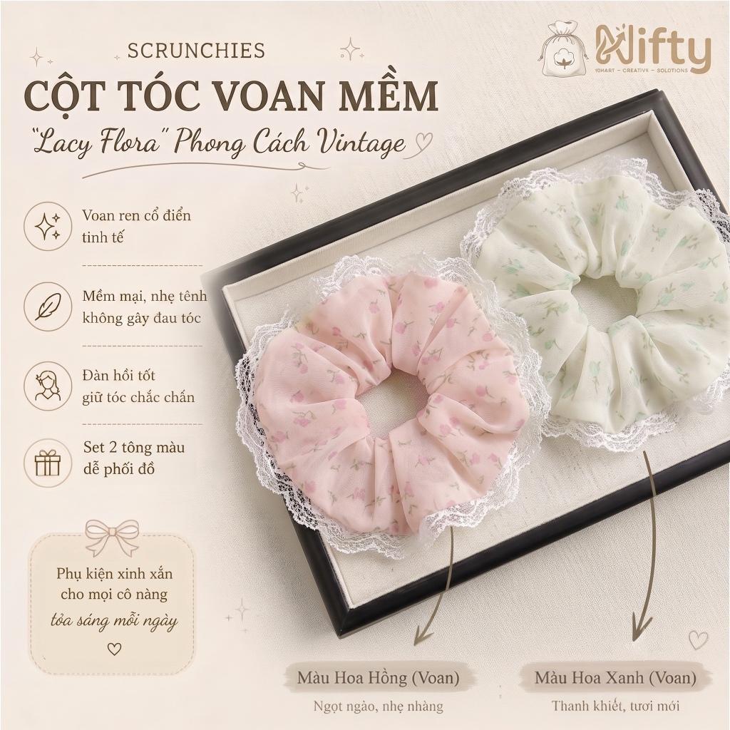 Scrunchies Cột Tóc Voan Mềm "Lacy Flora" Phong Cách Vintage Nifty/ dây buộc tóc hoạ tiết dễ thương