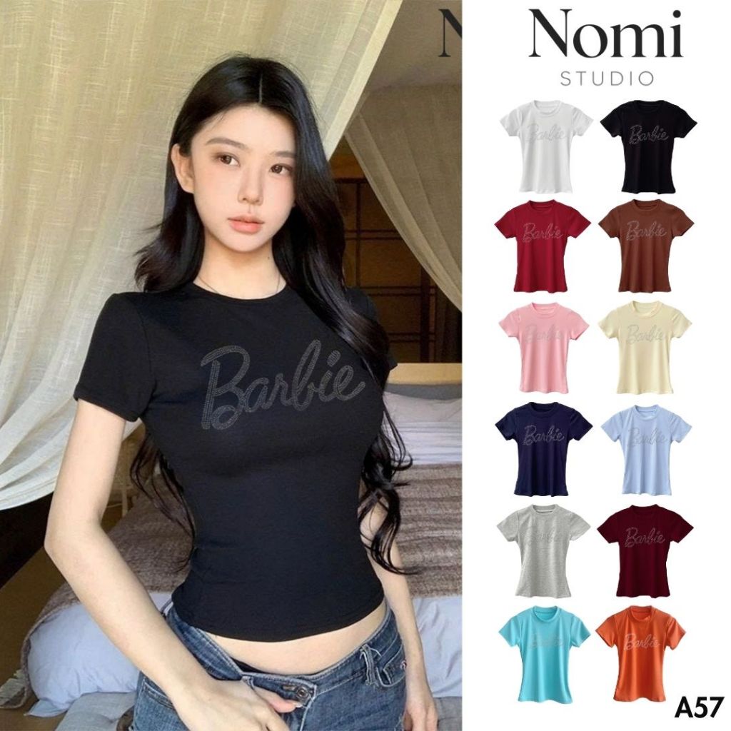 Áo Thun Nữ Baby Tee Form Ôm 𝐍𝐎𝐌𝐈 𝐒𝐓𝐔𝐃𝐈𝐎, Tôn Dáng, In Chữ Đính Đá Dễ Phối A57-A58