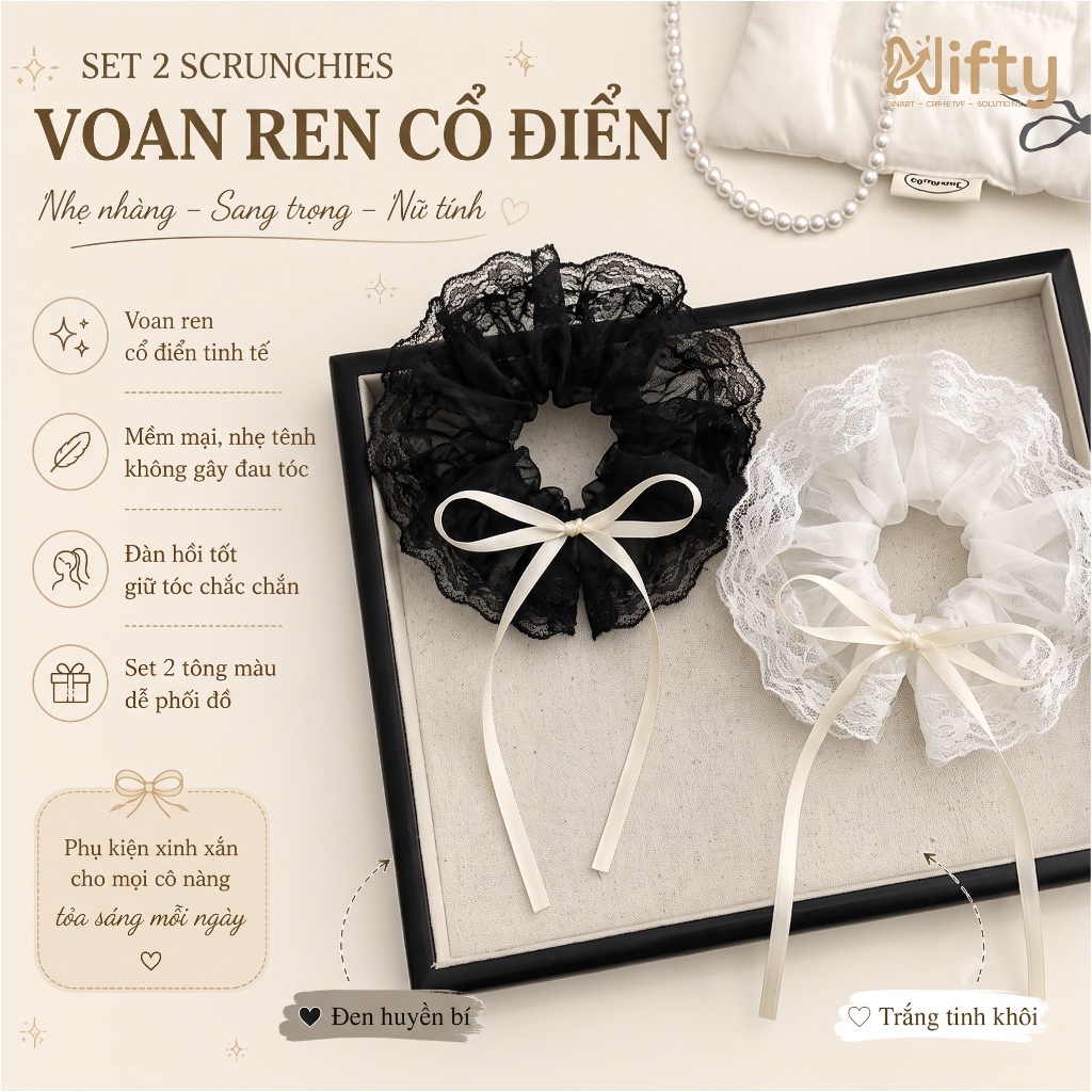 Cột tóc ren đính nơ Nifty/ Scrunchies buộc tóc