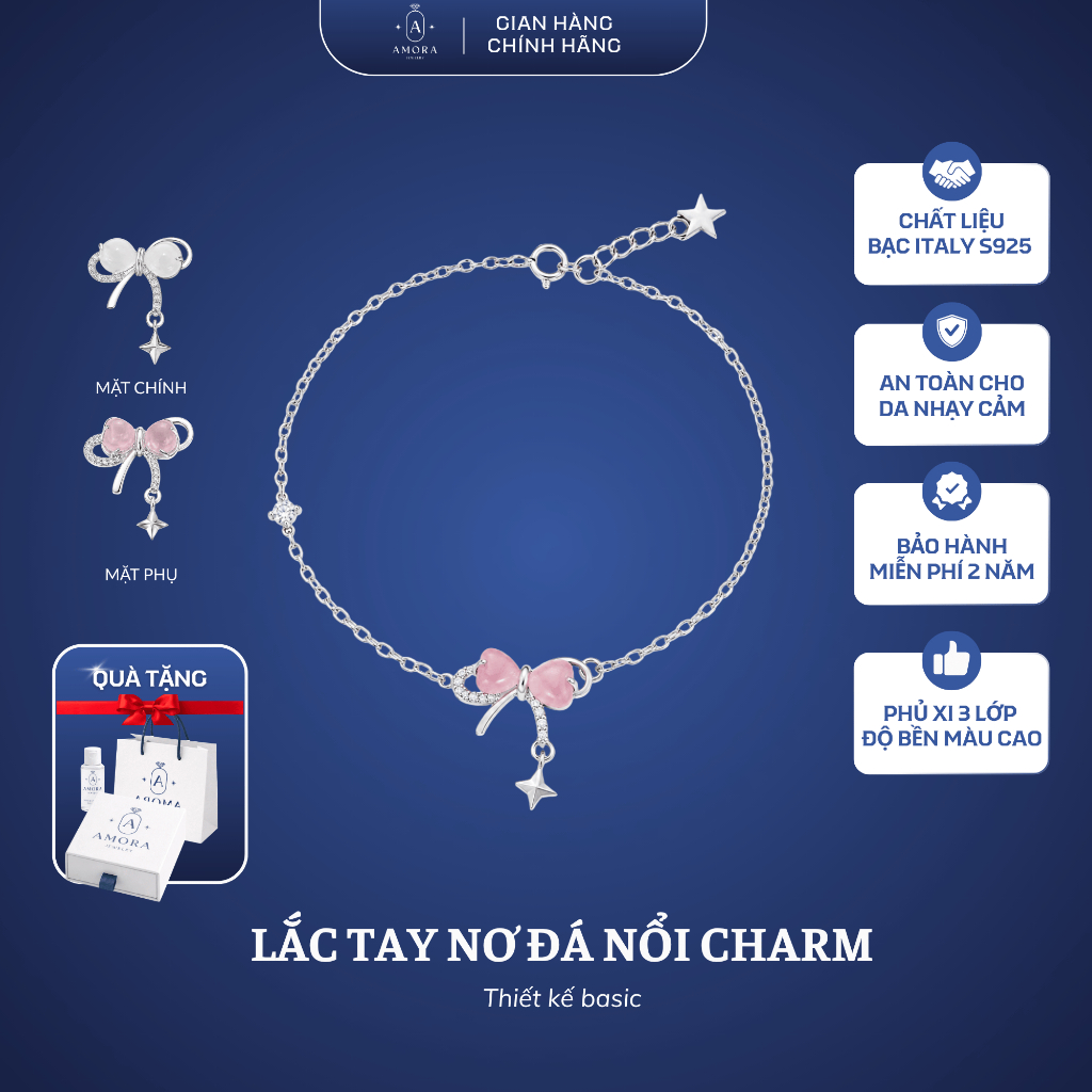 Lắc tay nữ AMORA nơ đá nổi charm rơi basic bạc ta AMORA JEWELRY LTN799