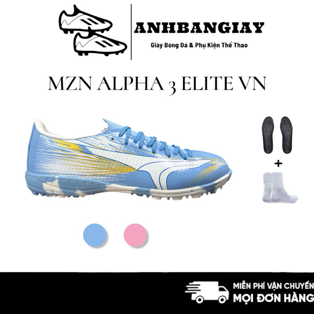 Giày Bóng Đá Mizuno Alpha 3 Elite Việt Nam, Đệm EVA, Lưỡi Gà Dệt (Tặng Vớ Dệt Kim, Lót MZN & PM Chín