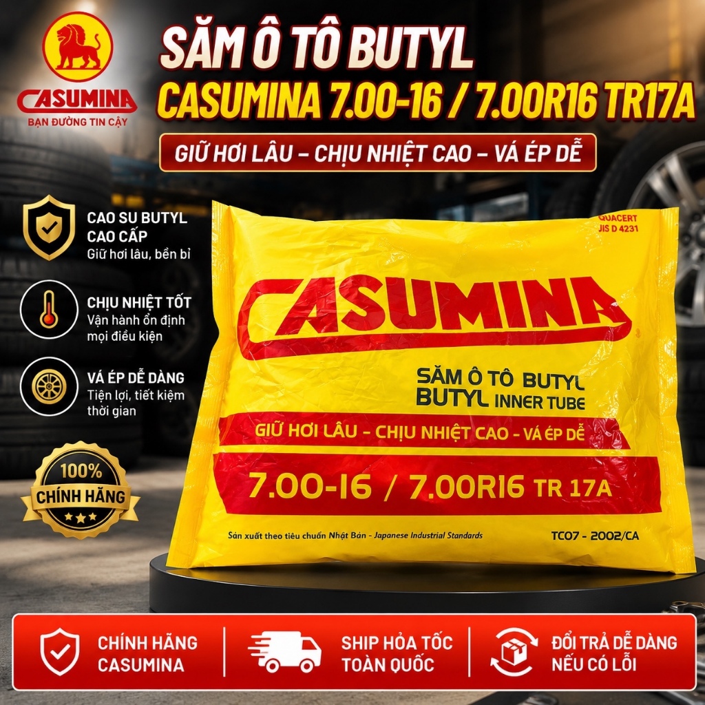 Săm/ruột CASUMINA 700-16 / 700R16: Giữ hơi lâu - chịu nhiệt cao - dễ vá ép. Bảo hành chính hãng trên