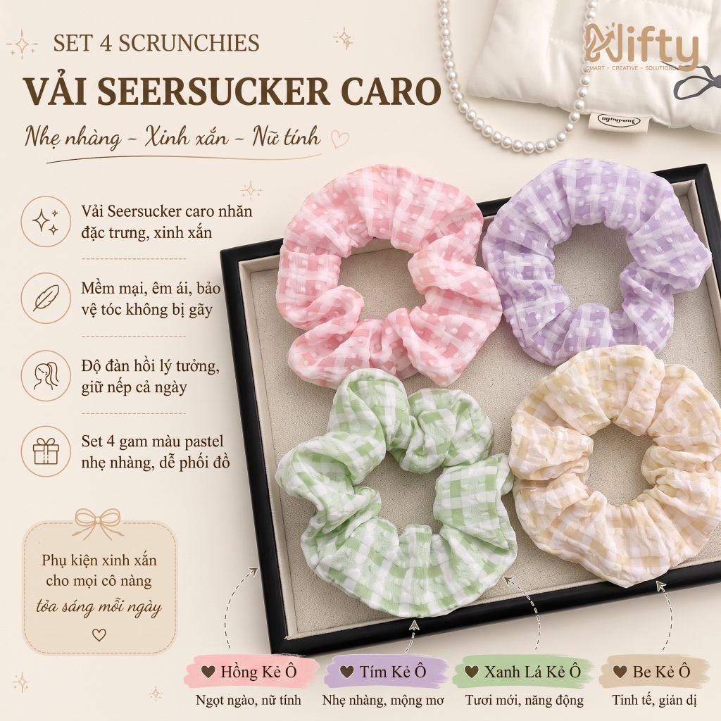 Dây buộc tóc Scrunchies "Pastel Dream" – Vải Seersucker Kẻ Ô Ngọt Ngào NT01 Nifty