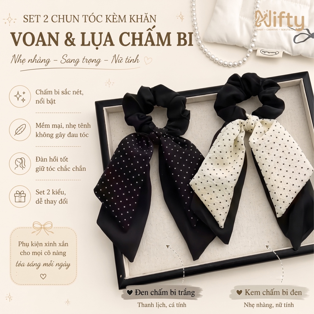Băng đô Scrunchies Lụa Polka buộc tóc chấm bi đen Nifty/ Dây buộc tóc chấm bi Vintage Pháp