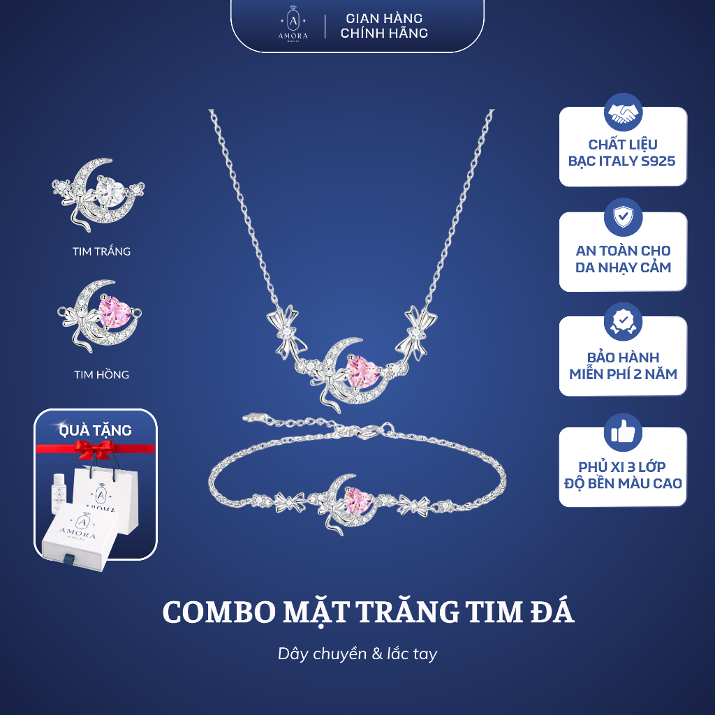[CÓ TÁCH SET] Set trang sức nữ AMORA lắc tay & dây chuyền mặt trăng mix đá bạc S925 AMORA JEWELRY