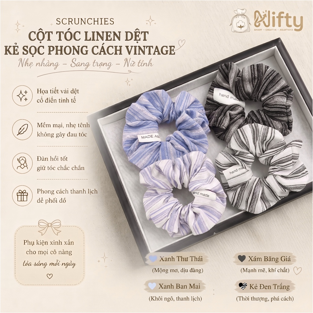 [Handmade] Cột Tóc Scrunchies Linen Dệt Kẻ Sọc Phong Cách Vintage Hàn Quốc Nifty