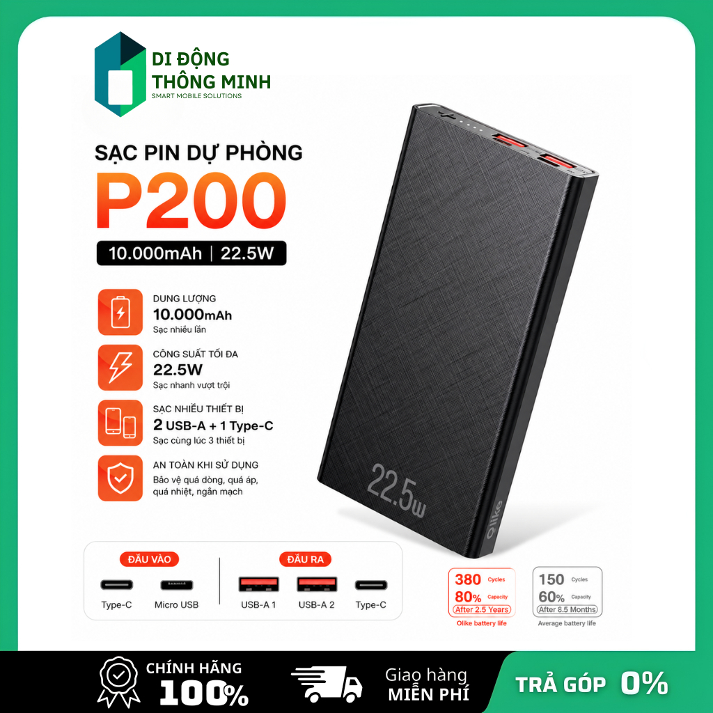 Pin sạc dự phòng Olike P200 10.000mAh Tích hợp 2 đầu tiện dụng, Sạc cho Iphone và Android