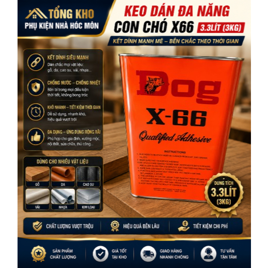 Keo Dán Đa Năng Con Chó X66 3.3 Lít (3kg) – Keo Dán Gỗ, Simili, Mút Xốp, Da, Bám Dính Cao