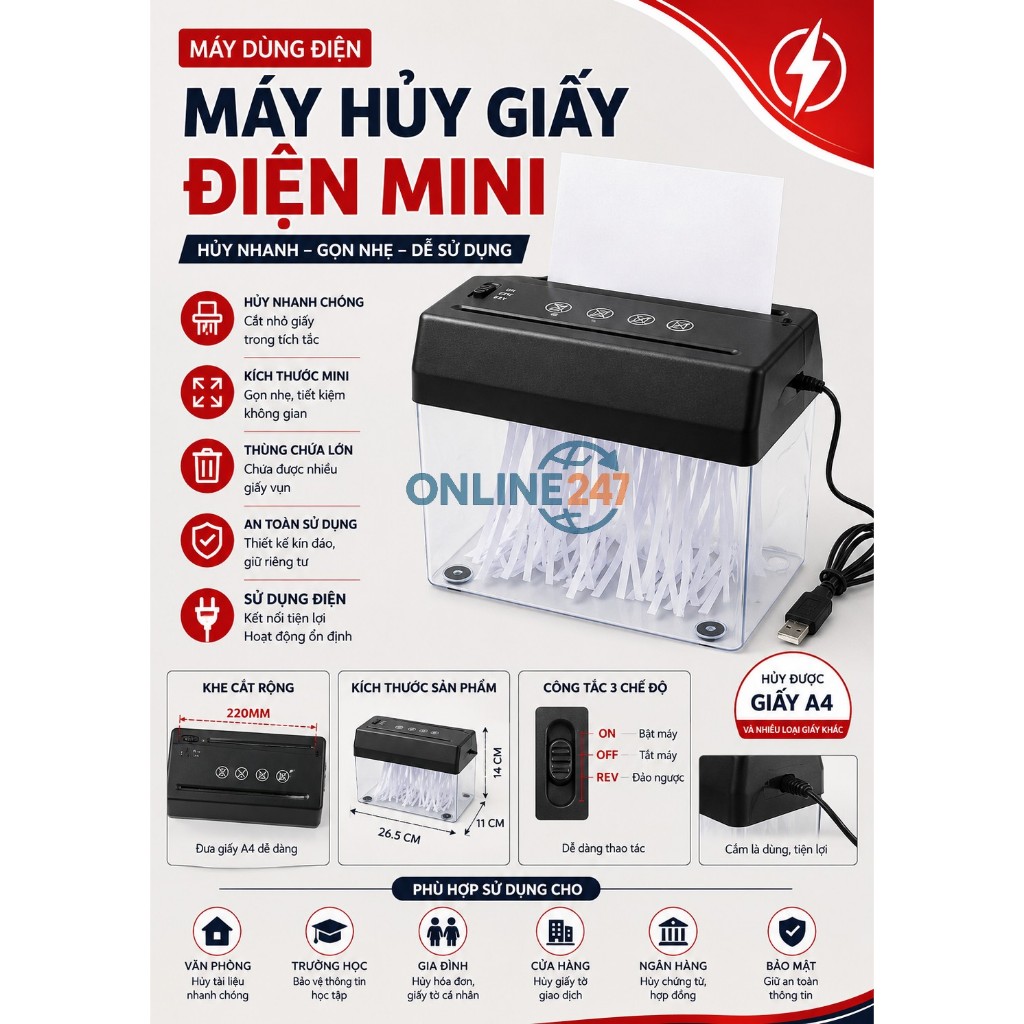 Máy hủy giấy, tài liệu, bill, ...  tự động nguồn USB-A5,A4. Hủy bill thanh toán của cửa hàng. Máy hủ