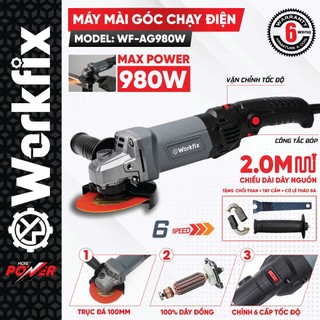Máy mài, máy cắt dùng điện WORKFIX WF-AG980W, Công Suất 980W, Công tắc bụng, 6 Cấp Tốc Độ