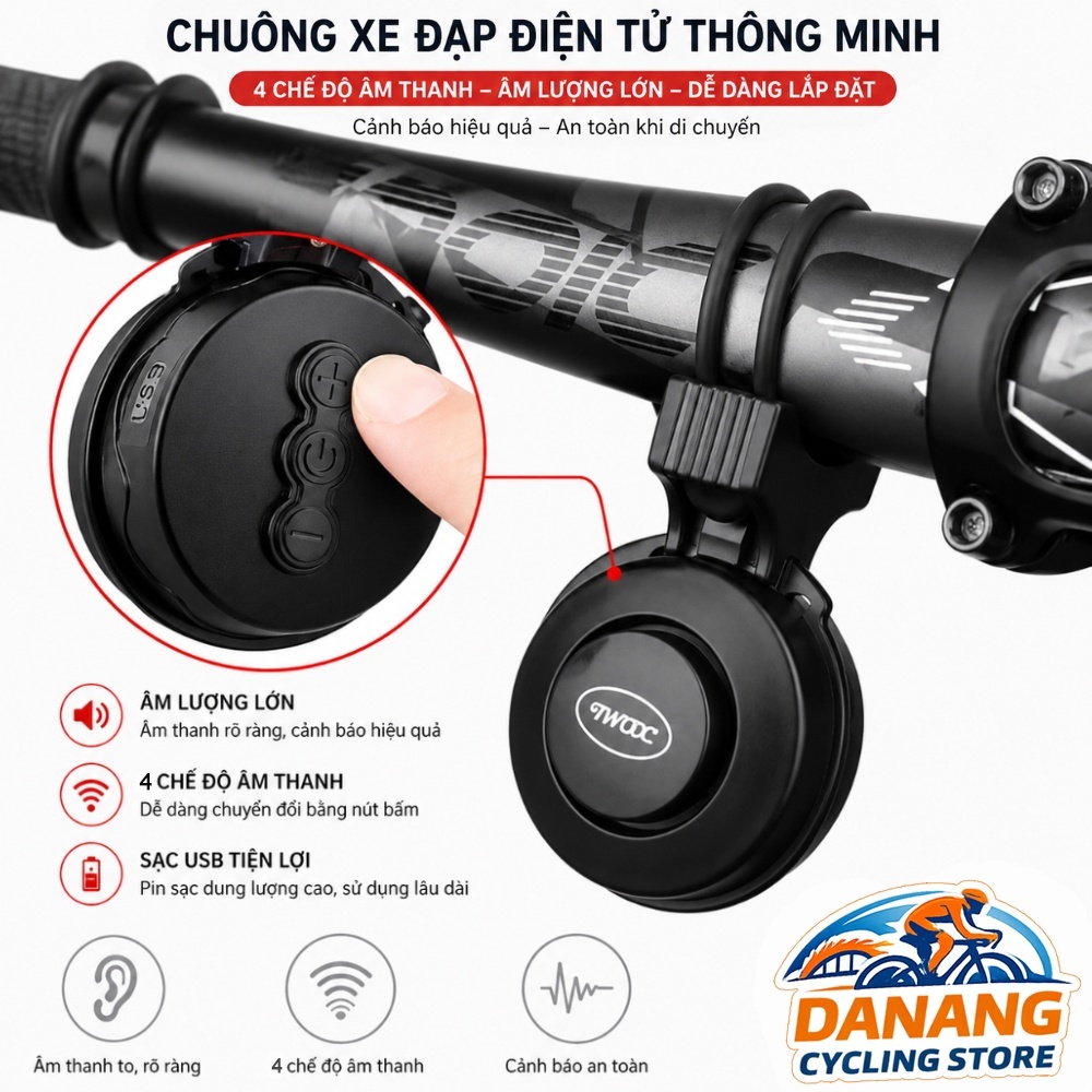 Còi Kèn Điện Xe Đạp TWOOC T002S Sạc USB, 4 Chế Độ Âm Thanh