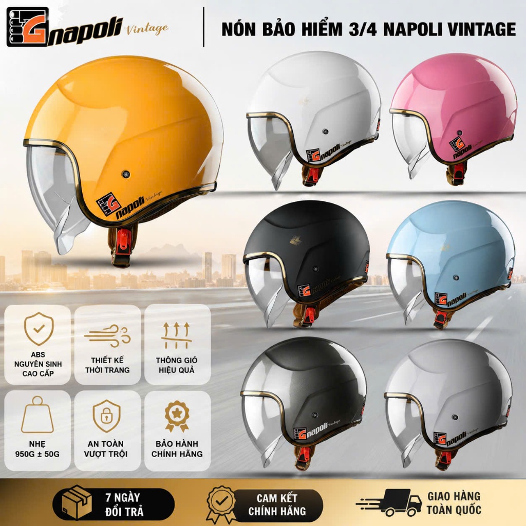 Mũ Bảo Hiểm Napoli 3/4 Kính Âm [CHÍNH HÃNG] [FREESHIP] - Nón Bảo Hiểm Napoli 3/4 N189 Kính Âm