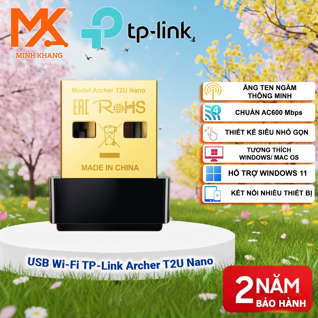TP-Link Archer T2U Nano AC600 USB WiFi Nano Bộ Thu WiFi Không Dây Chuẩn AC600 Dual Band Cho Máy Tính