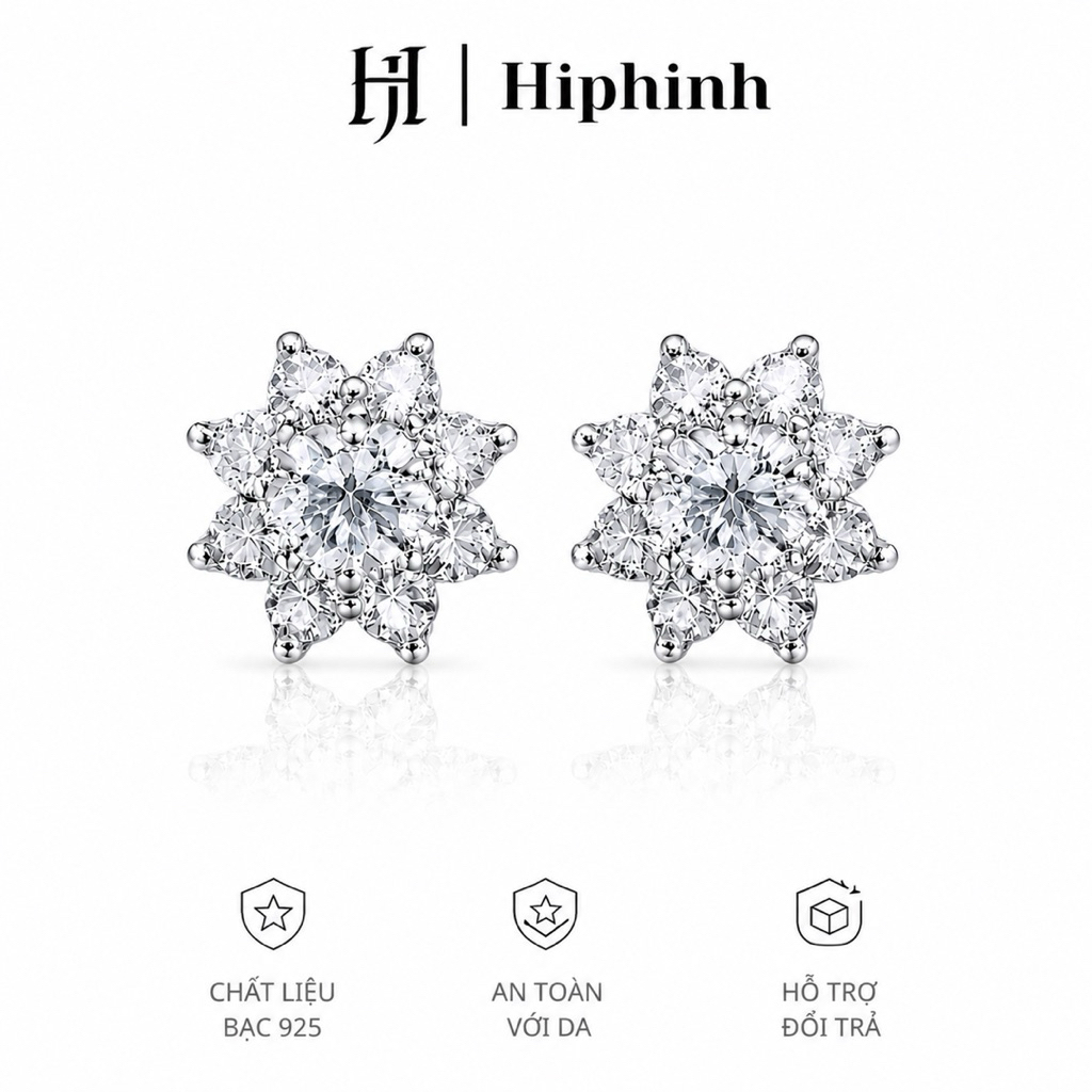 Khuyên tai hoa tám cánh đính đá chất liệu bạc 925 Hiphinh Jewelry
