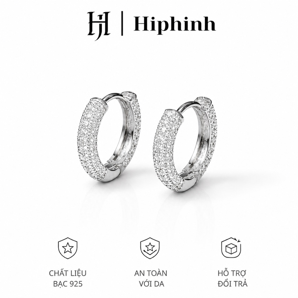 Khuyên tai vòng bấm đính full đá các mặt chất liệu bạc 925 Hiphinh Jewelry HJ4