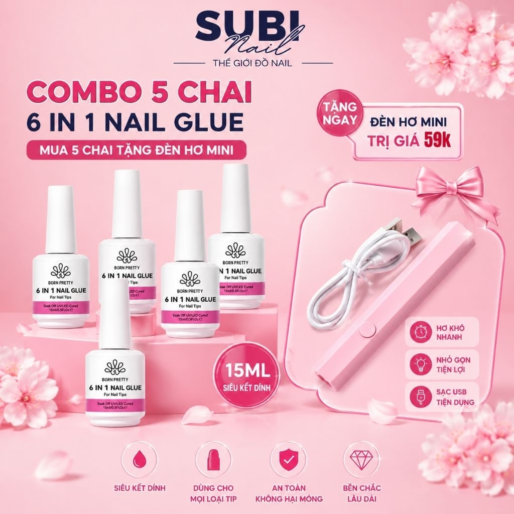 Combo 5 chai glue gel 6in1 tặng đèn hơ mini, glue gel 6 in 1 dán móng nối móng tay, cứng móng, đắp m
