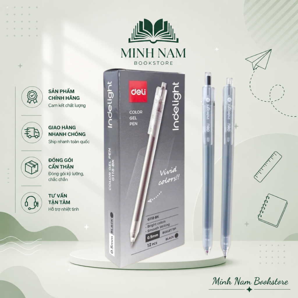 [Hộp 12 Cây] Bút gel mực đen Deli EG118 viết gel pen DELI G118