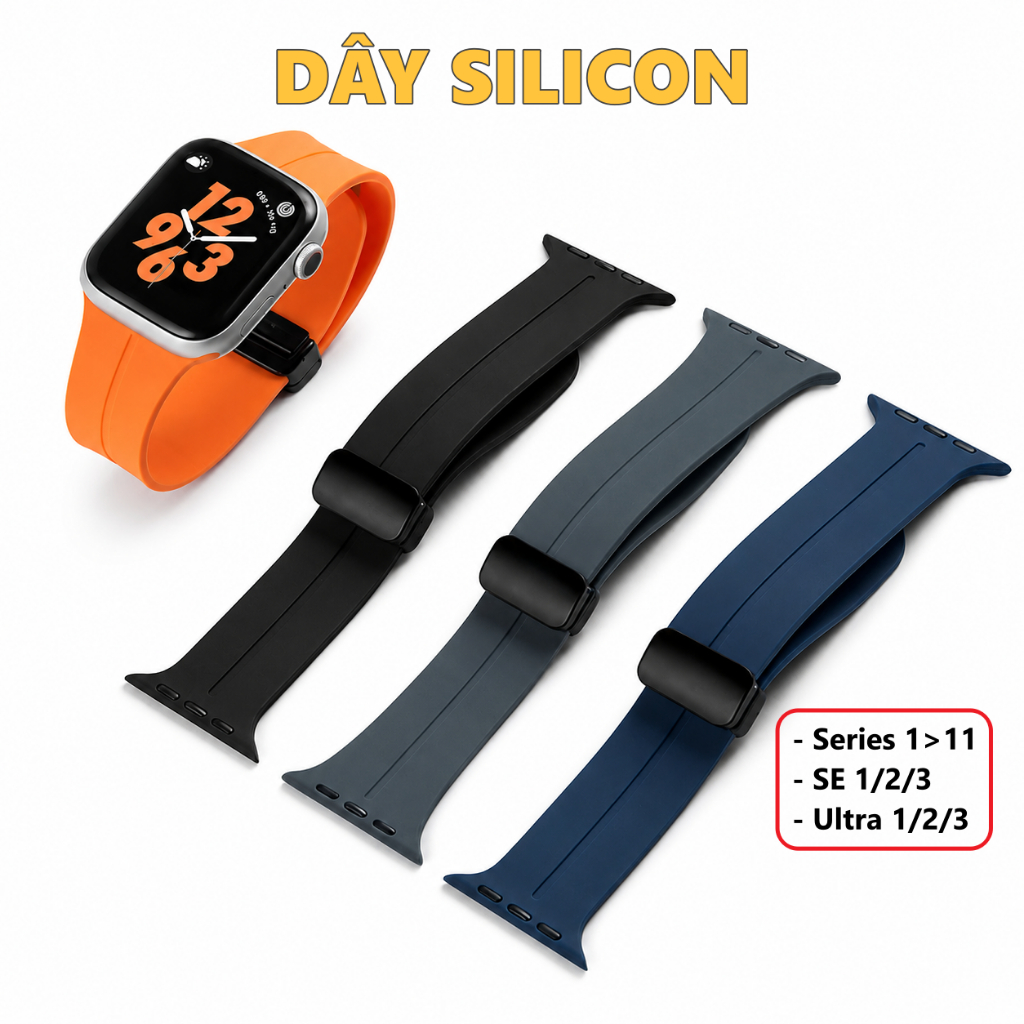 Dây silicon khóa hít nam châm cho Apple Watch Series, SE, Ultra, đồng hồ T800, T700...Size 38-49mm