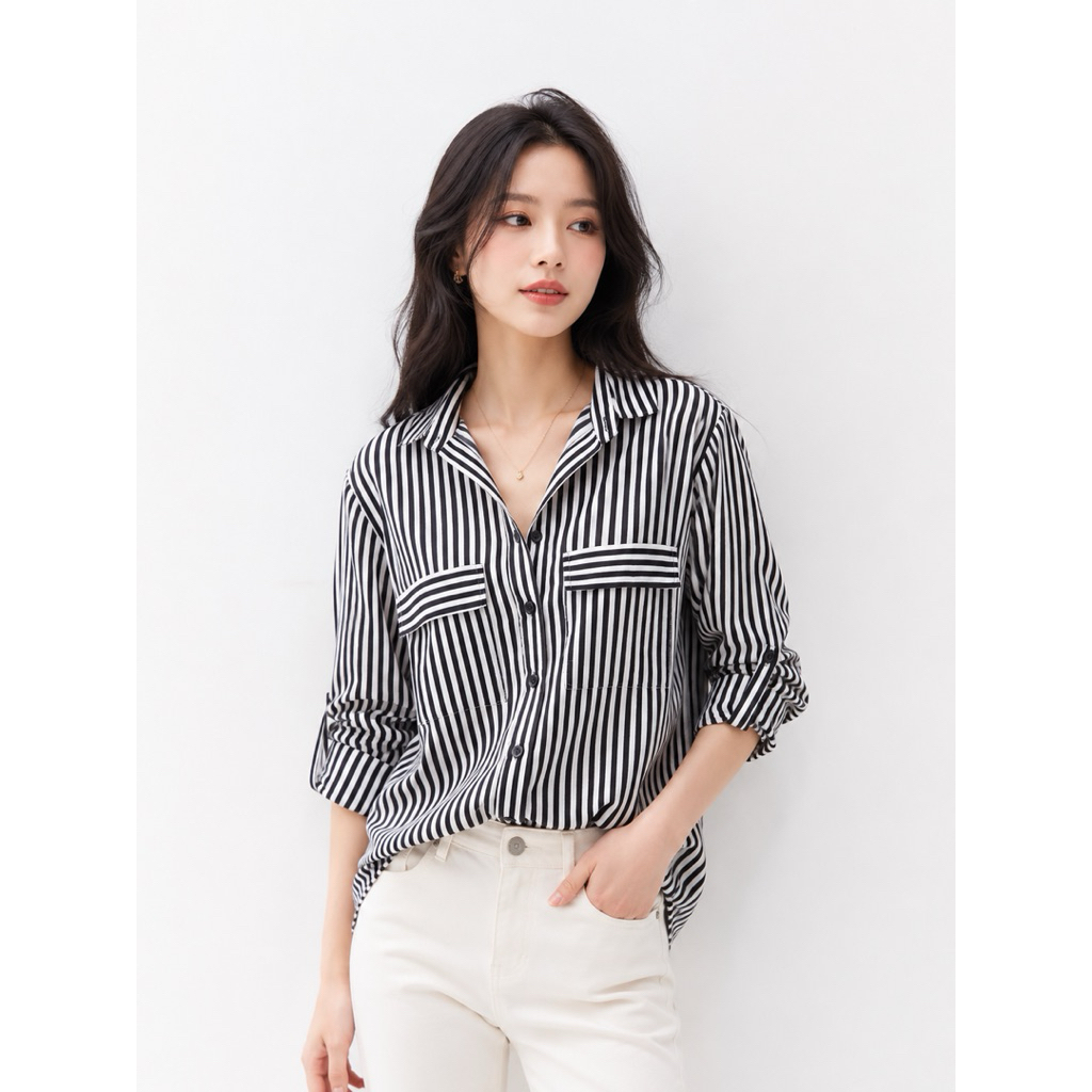pass áo sơ mi Real Clothes nữ sọc đen trắng thanh lịch - size M