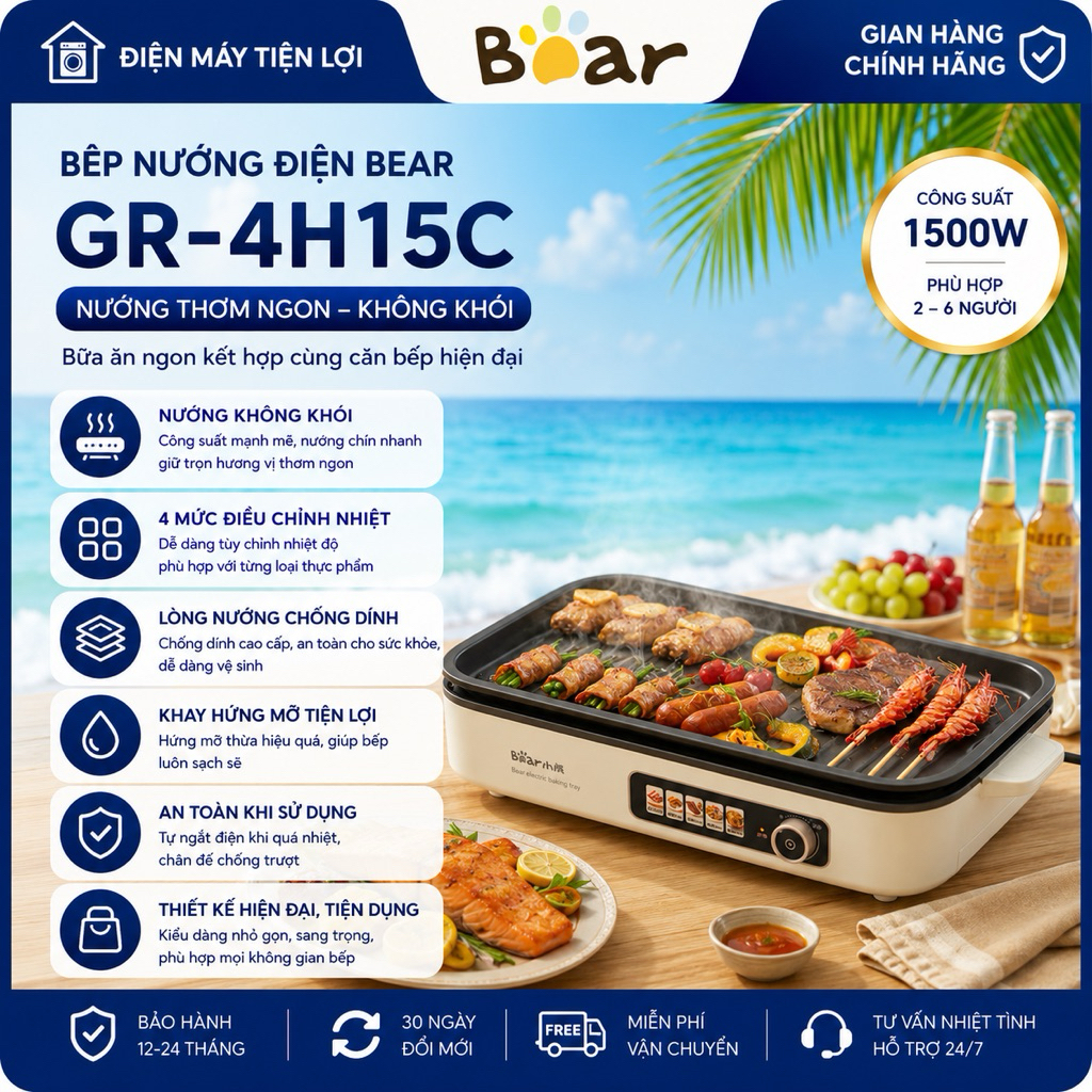 Bếp nướng điện Bear GR-4H15C - Bảo hành 18 tháng và sử dụng 30 ngày lỗi đổi mới