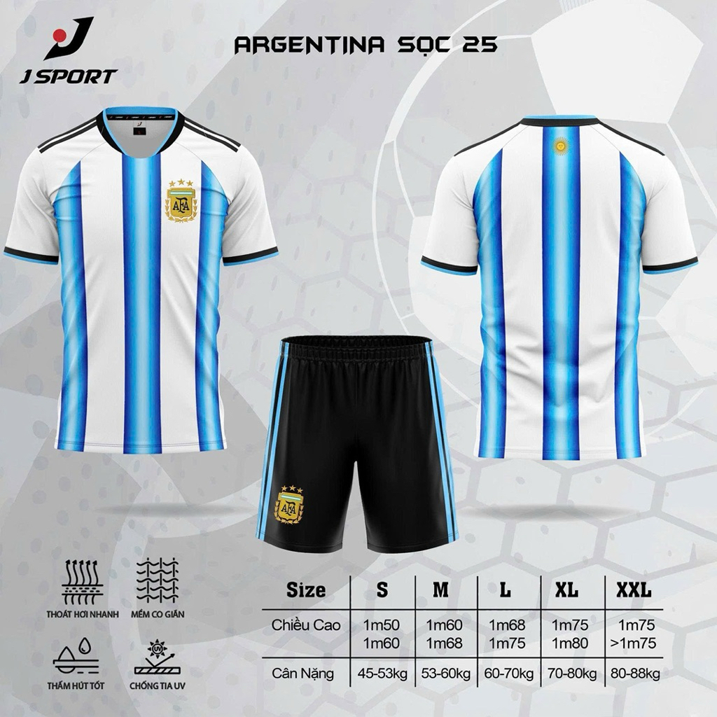 Quần áo bóng đá tuyển Argentina Logo Thêu 3* , Bộ quần áo đá banh đội tuyển Argentina 3 sao Thun Lạn
