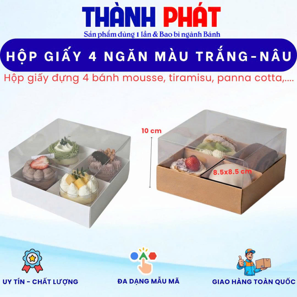 10 Hộp giấy 4 ngăn nắp mica đựng bánh mousse, panacotta, tiramisu mix vị hot trend 2024, hộp 4 bánh 